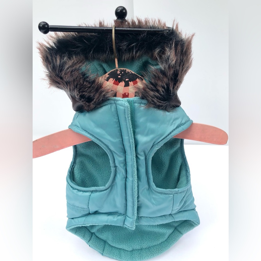 DOG 🐶 PUFFY HOODED COAT W/ FAUX FUR TRIM AQUA/TEAL